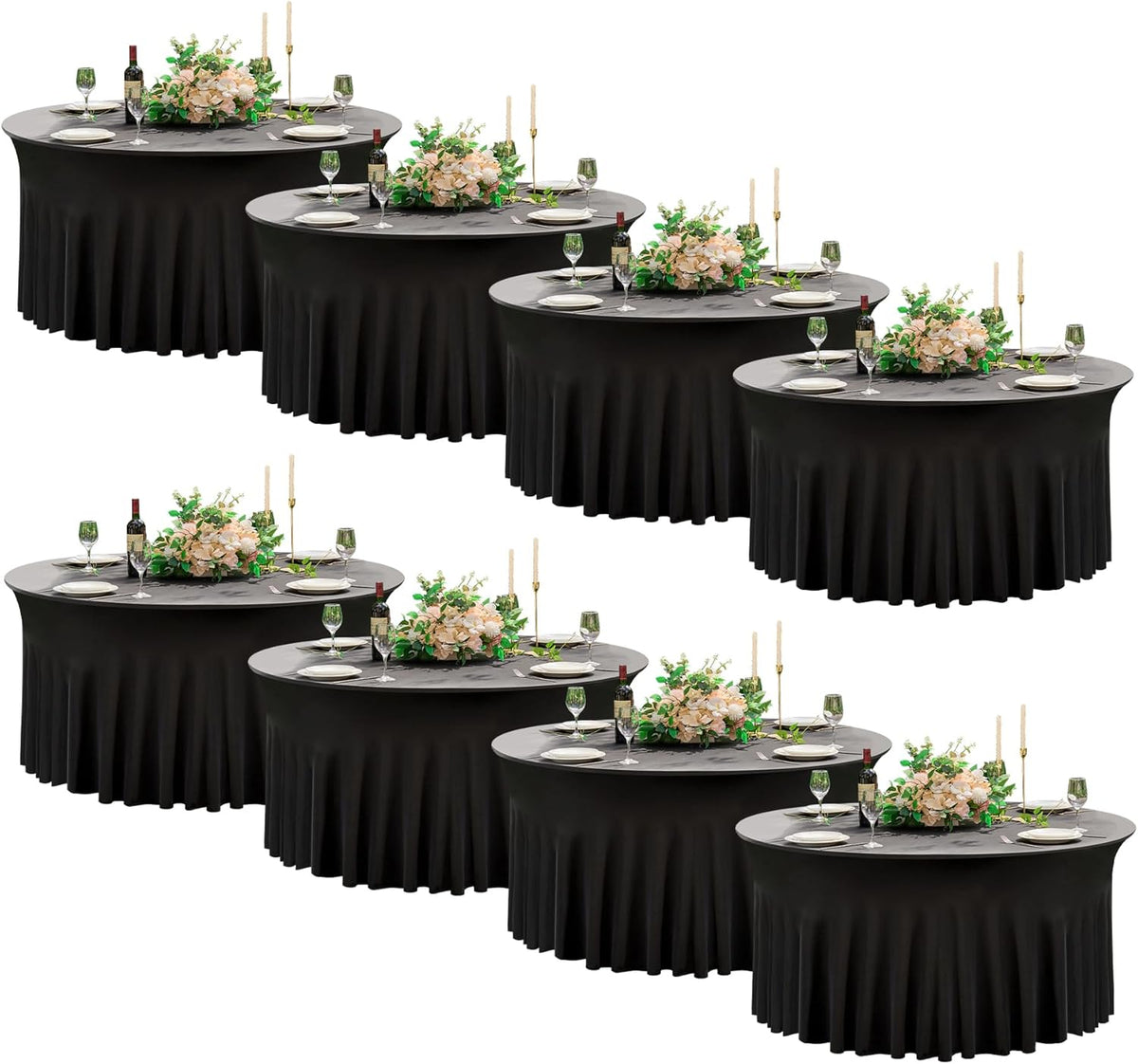 8 Pack Black Round Spandex Tablecloth 60 Inch, Wrinkle Free Stretch 120 Inch Fitted 5ft Black Table