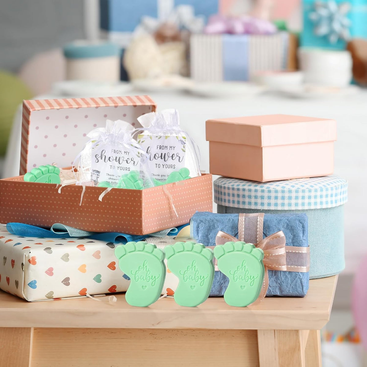 50 Sets Baby Shower Soap Favors for Guests - Mini Handmade Footprint Scented Soap with Thank You