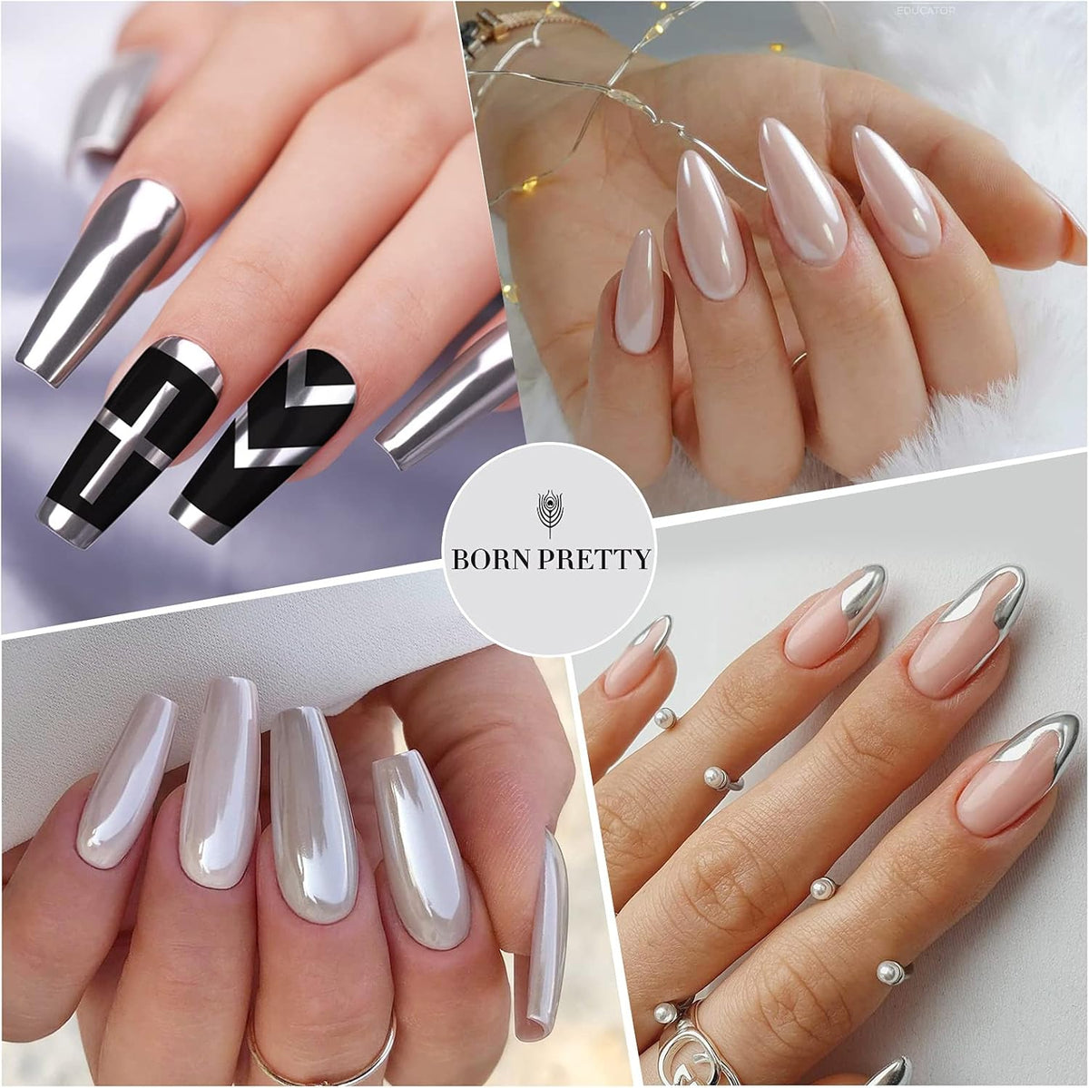 BORN PRETTY Chrome Nail Powder,White Pearl Metallic Mirror Holographic Chrome Powder for
