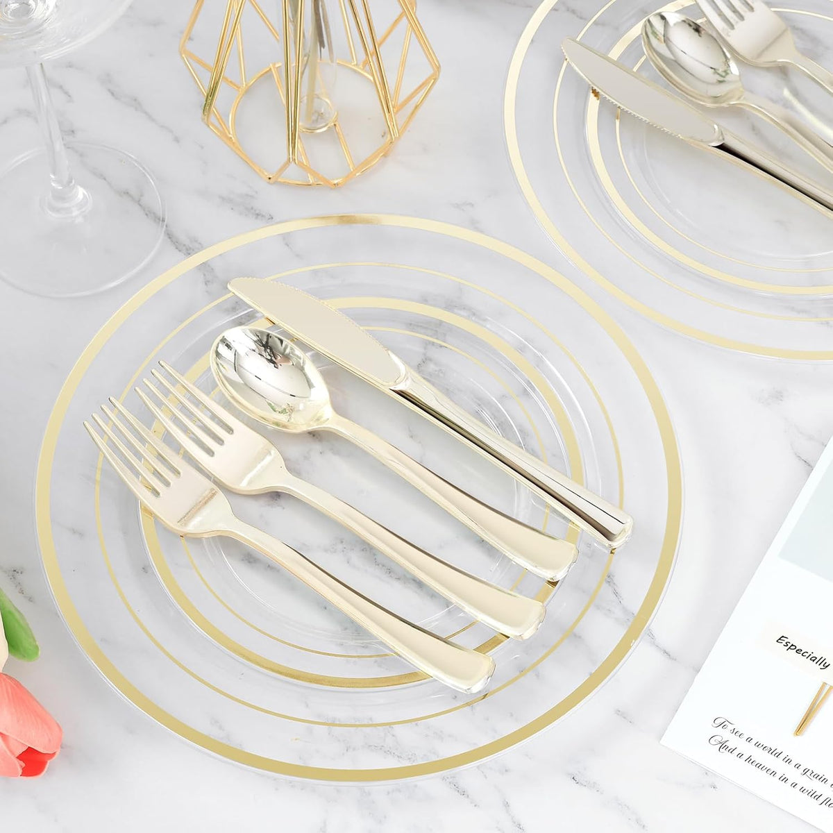 600PCS Clear Gold Plastic Plate Set (100 Guests), Plastic Plates for Party Wedding Birthday