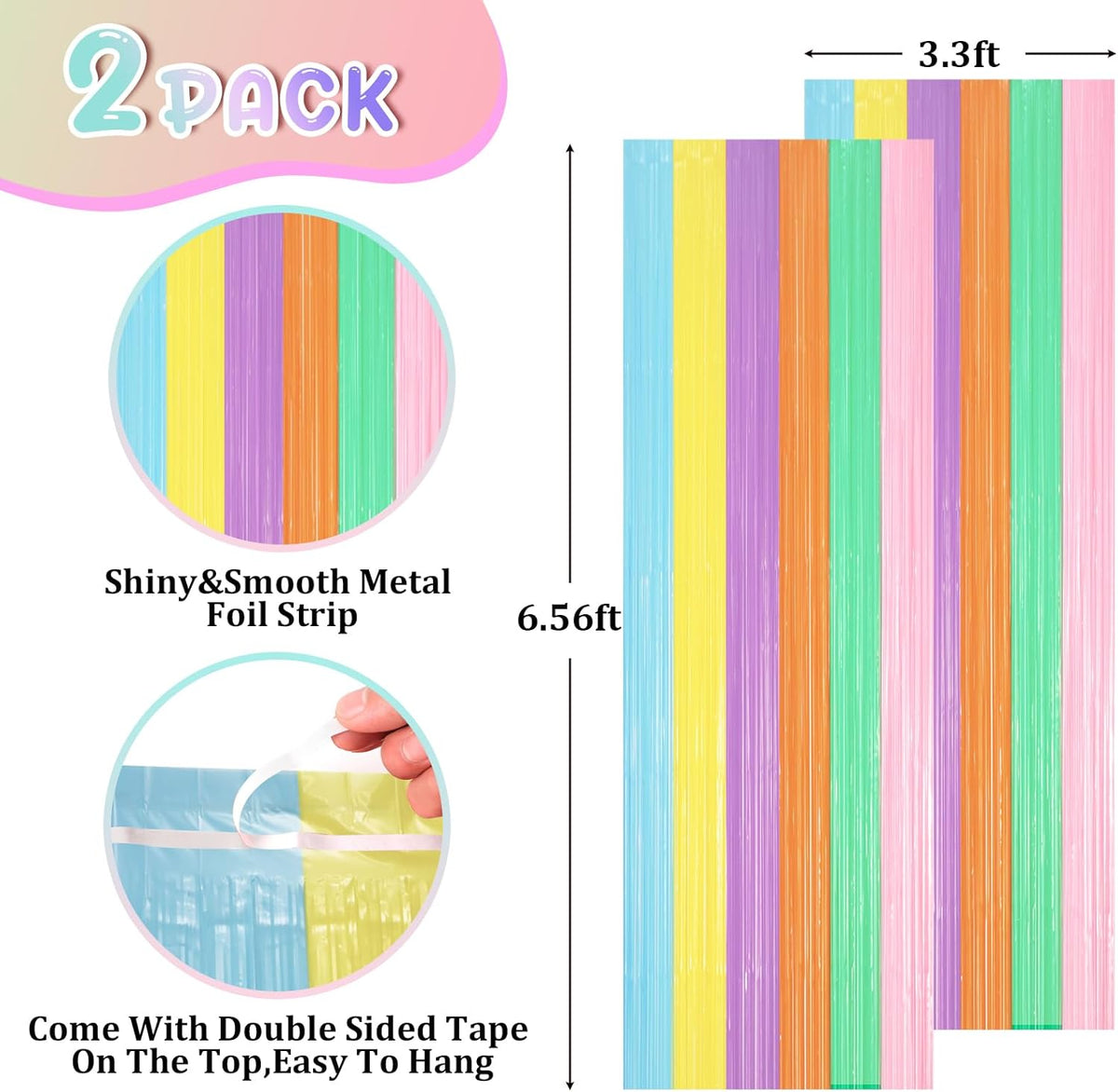 2 Pack Pastel Rainbow Foil Fringe Backdrop Curtains, Tinsel Streamers Party Decorations, Fringe