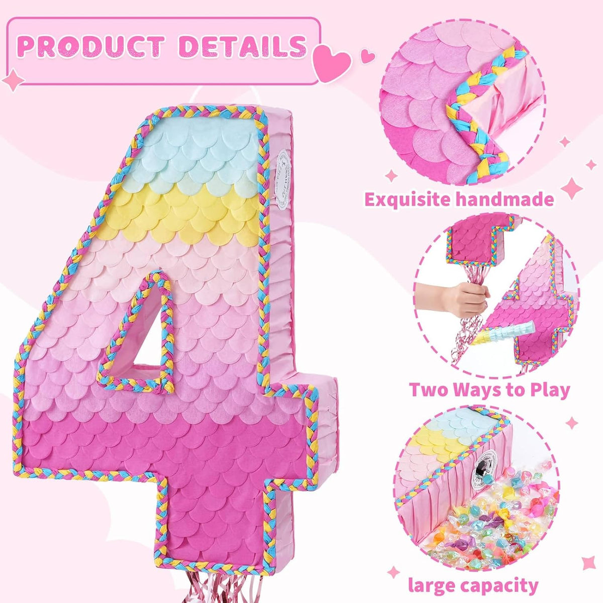 WERNNSAI Pink Sweet Four Pinata - Number 4 Pinata Happy Birthday Decoration Pink Rainbow Design