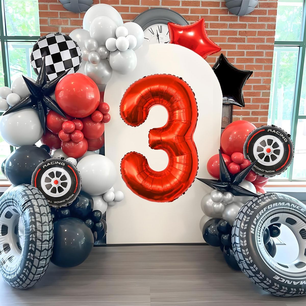 Race Car Birthday Party Decorations - 40 Inch Mylar Red Number 3 Balloons - Black Foil Checkered