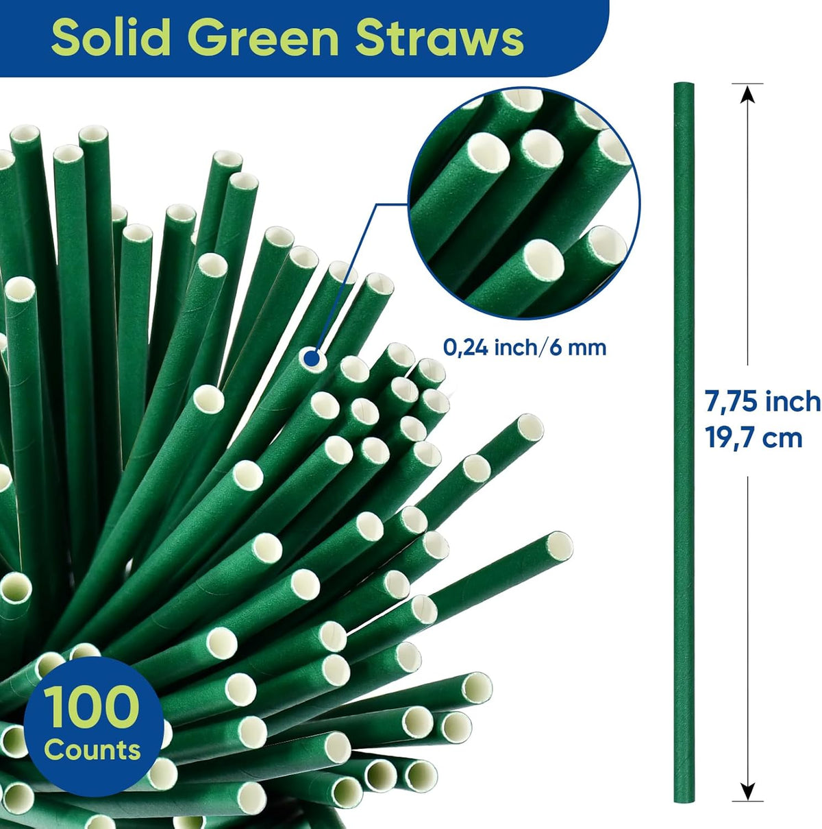 Disposable Paper Straws Solid Green - 7.75'' x 0.24'', 100 Counts - for Drinking, Beverage, Juice