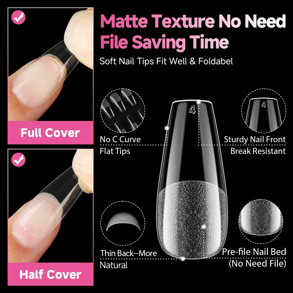 UNA GELLA Medium Coffin Nails Tips, 312Pcs Pre-Etched Gel Nail Tips Coffin Press On Nails Clear
