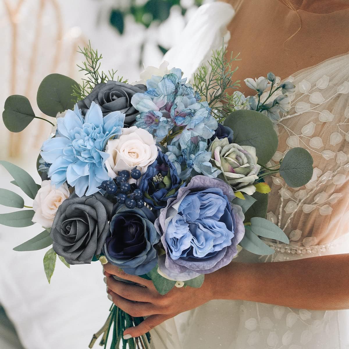 Floweroyal Artificial Flowers Combo Dusty Blue Flowers Mix Silk Flowers Dahlia Roses with Stems for