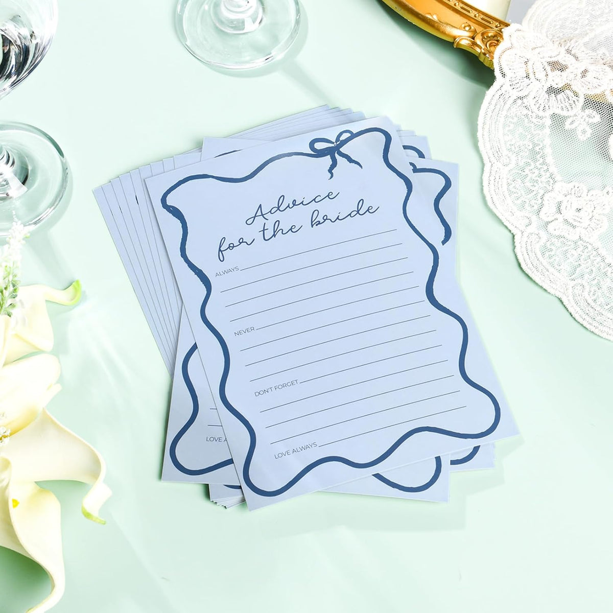 DEEKA 30 PCS Bridal Shower Games Card for 30 Guests Blue Wavy Border Ribbon Bow Funny Wedding