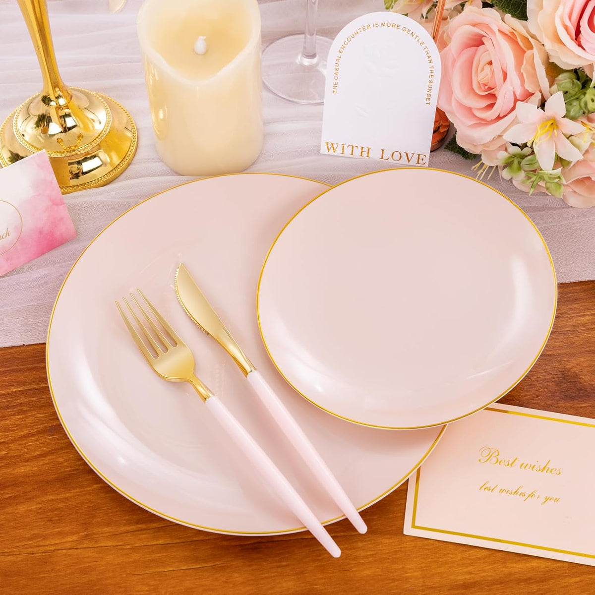 Liacere 150PCS Plastic Plates-Gold Plastic Silverware with Pink Handle - Pink Disposable Plates