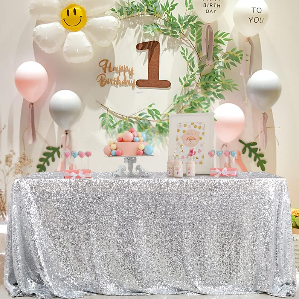 QueenDream Sequin Tablecloth 90x132 Inches Rectangular Silver Table Cloth Glitter Fabric Overlay