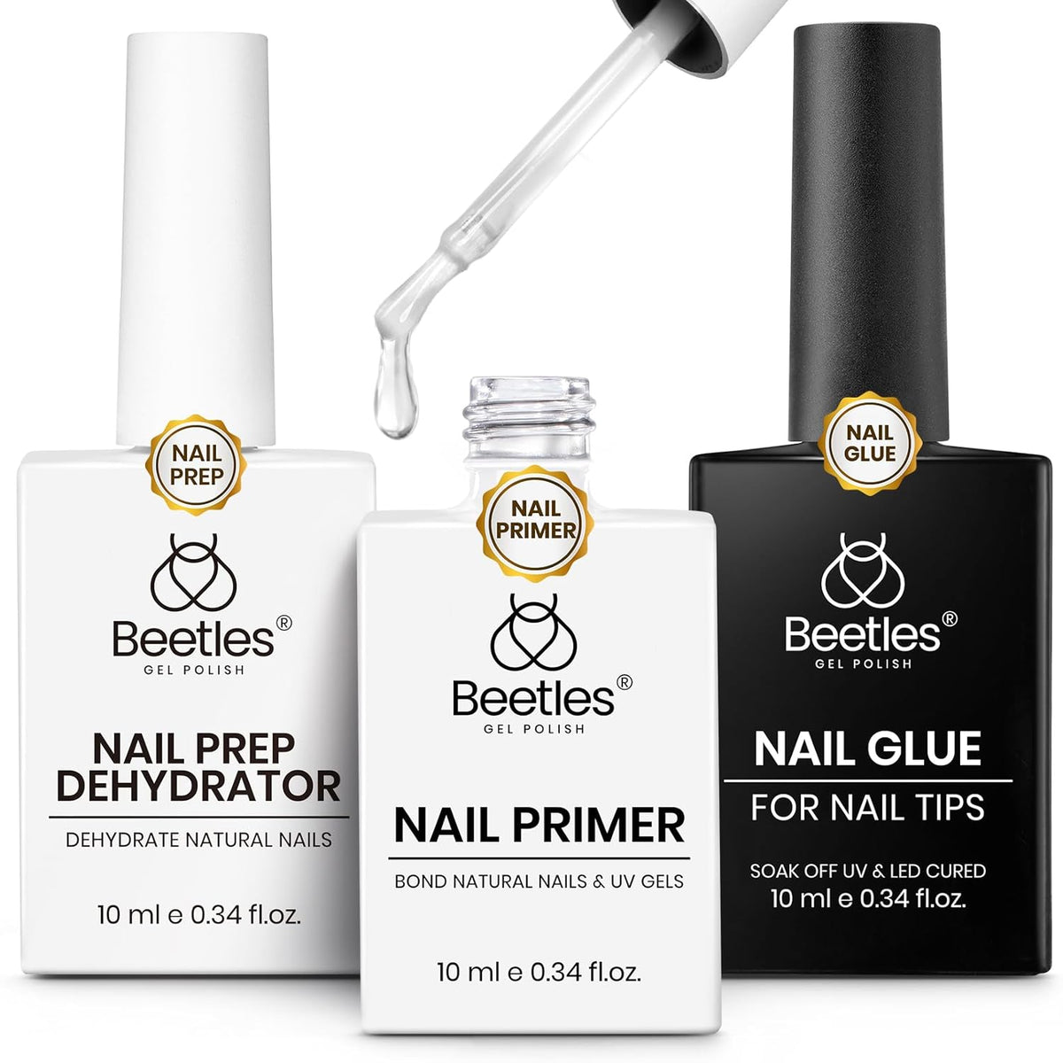 Beetles 3Pcs Gel Nail Glue Nail Dehydrator and Primer, Professional Nail Prep Acid-Free & Hema-Free