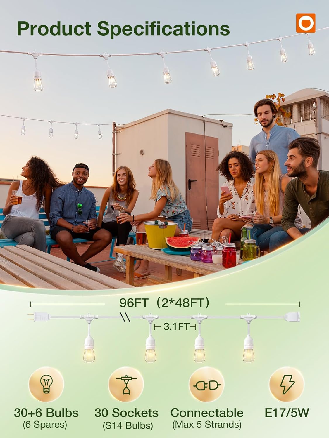 addlon 96FT(48FT*2) Outdoor String Lights White Commercial Grade Weatherproof Strand, 36 Edison
