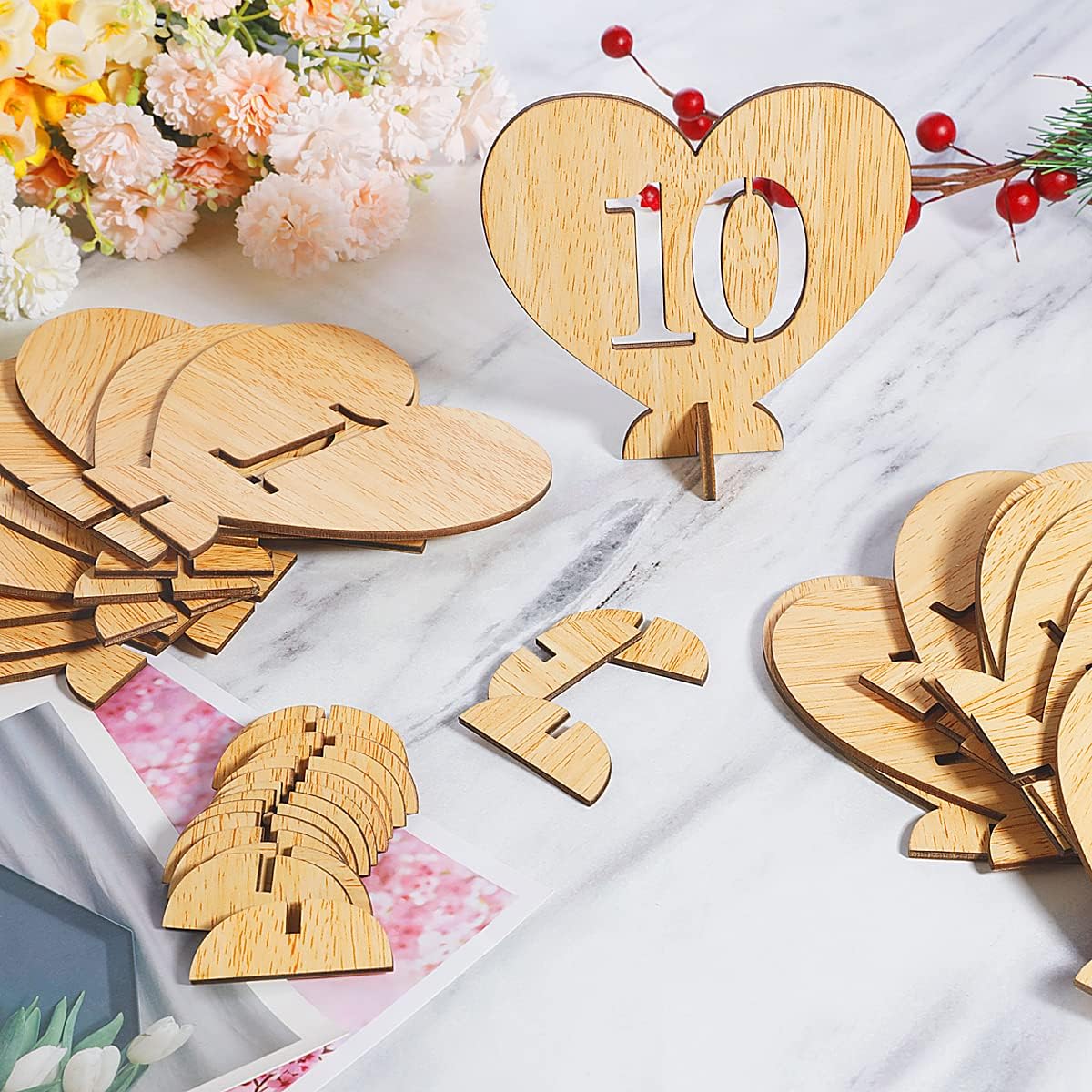Heart Shape Wooden Table Numbers 1-20 With Holder Base - Rustic Hollow Out Wood Cards for Wedding