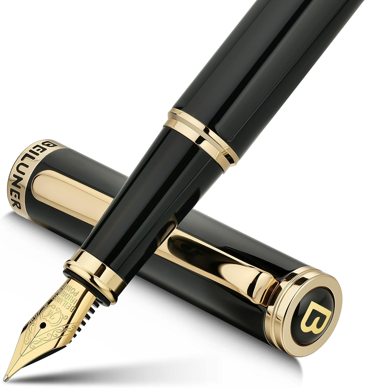 BEILUNER Black Fountain Pen,Stunning Luxury Pens with 24K Gold Accents, Gorgeous 24K Gilded