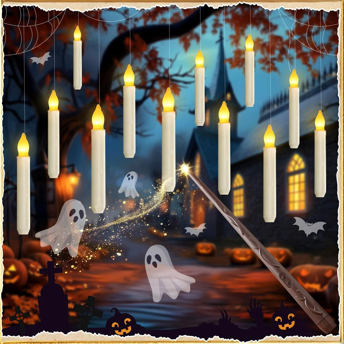 Homemory Floating Candle with Wand Remote, 12 Pcs Magical Candlesticks Witch Decors, Warm Yellow