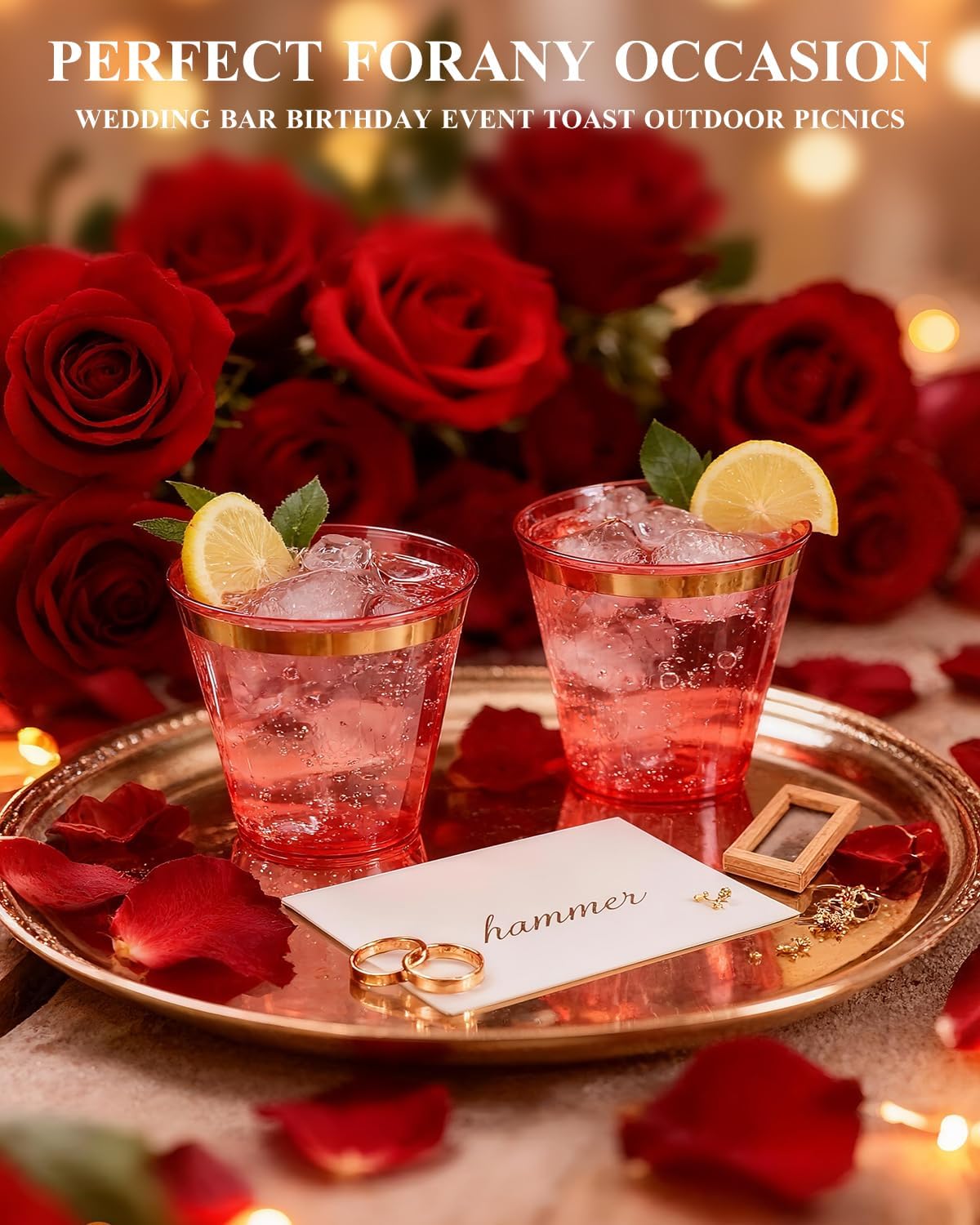 Goodluck 50PCS 9oz Red and Gold Plastic Cups for Party, Disposable Gold Rim Cups, Plastic Cocktail