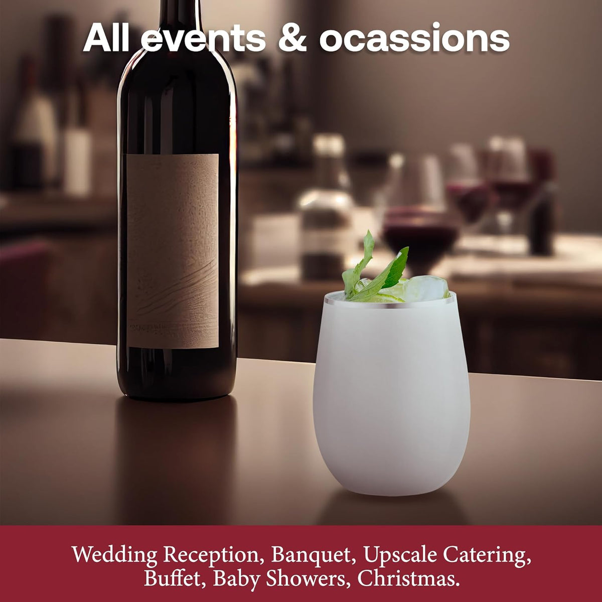 Smarty Had A Party 64 White with Silver Elegant Stemless Plastic Wine Glasses, 12 oz Disposable