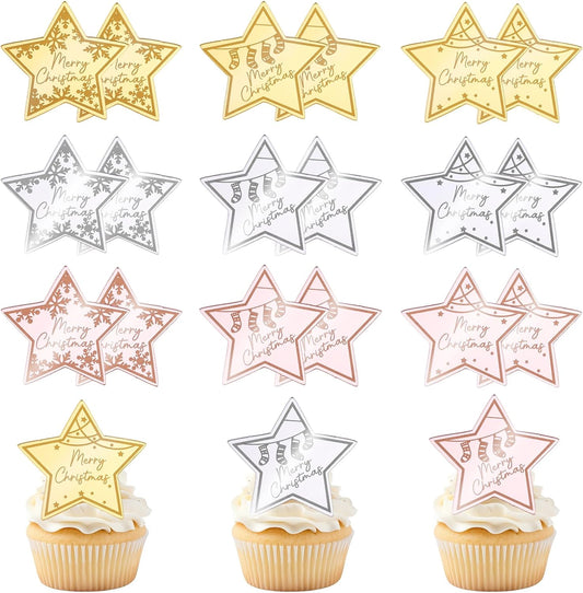 36 Pcs Merry Christmas Acrylic Cupcake Toppers Acrylic Mirror Star Xmas cupcake picks New year
