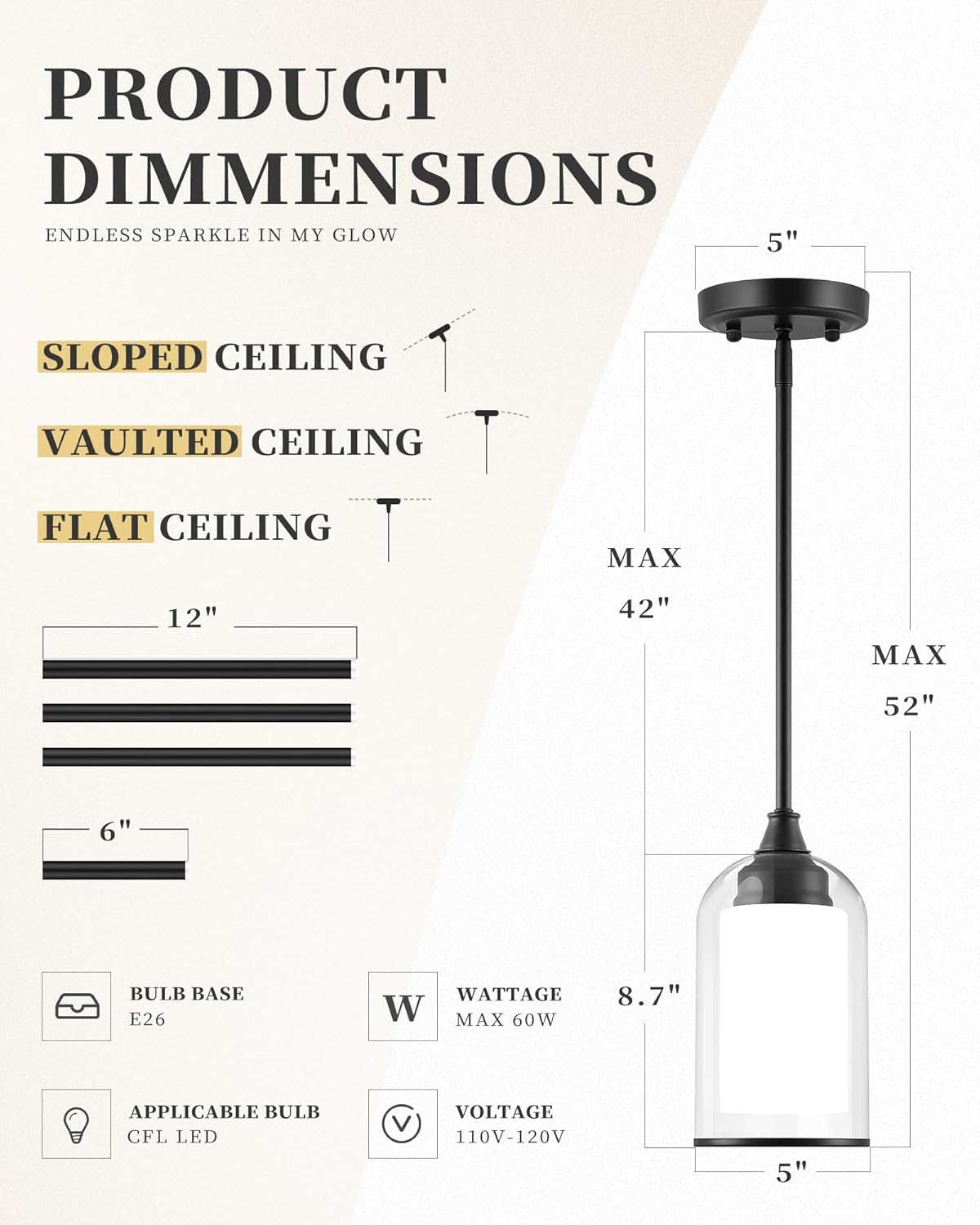 LIROUVET 2 Pack Pendant Lights Kitchen Island, Dual Glass Pendant Lights, Black Hanging Lamp with