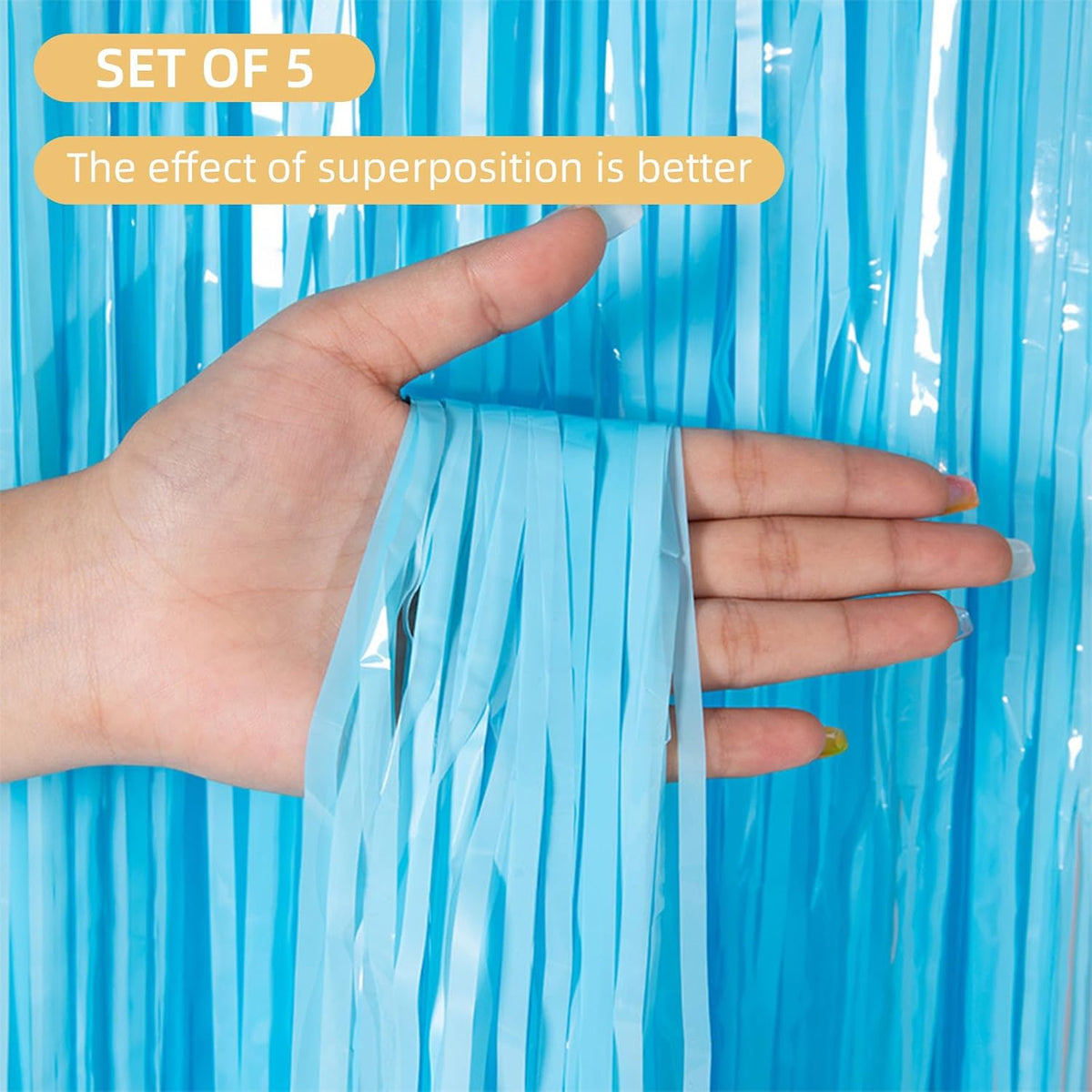 5 Pack Blue Foil Curtain Backdrop 3.2ft x 8.2ft Tinsel Foil Fringe Curtains Macaron Photo Booth