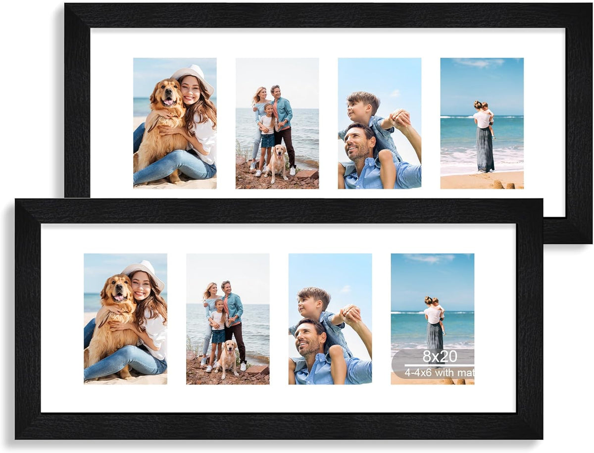 8x20 Picture Frame Set of 2, Rustic Black Wood Frame with Tempered Glass Collage Frame, Display