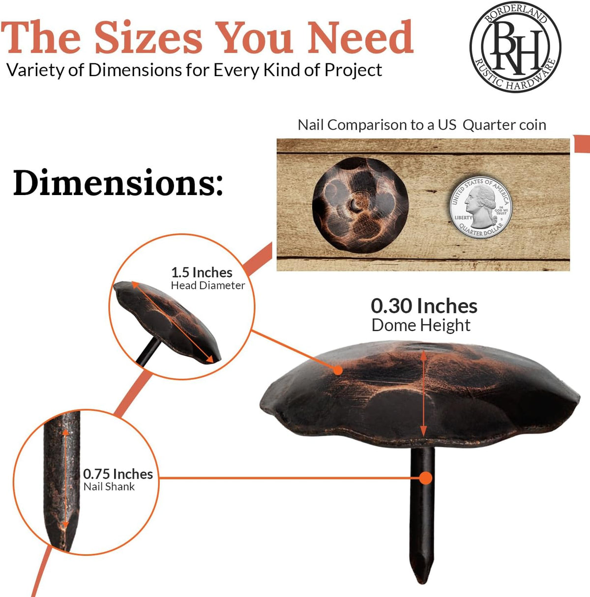 50 Pack 1.5" Round Head Iron Clavos Decorative Nails – Oil Rubbed Bronze – Handmade Rustic Round