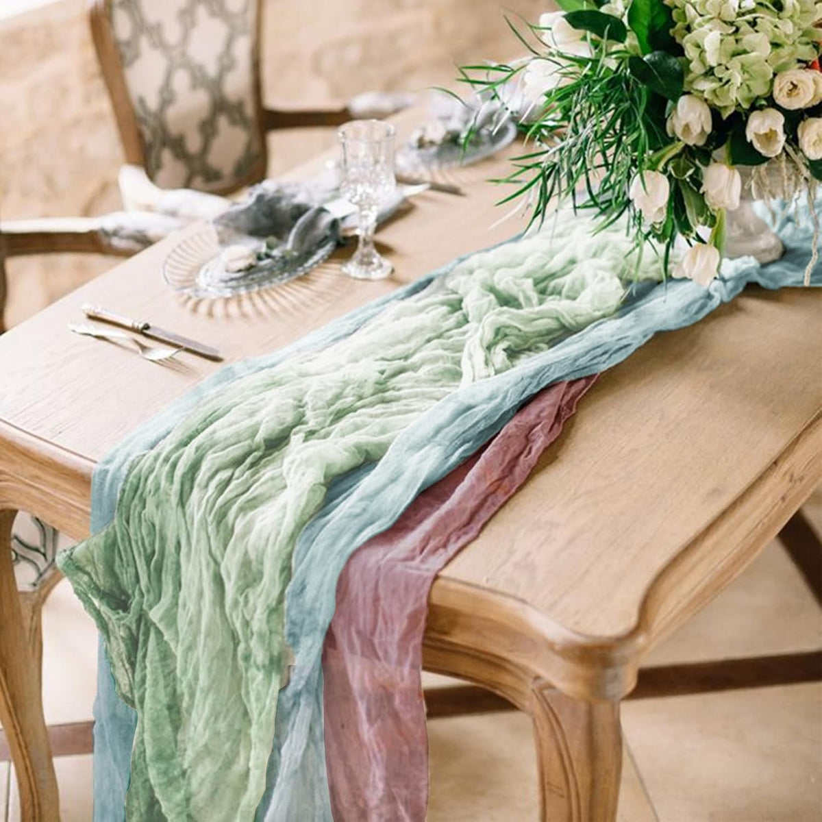 Hahuho Sage Green Cheesecloth Table Runner 10ft, Gauze Boho Rustic Table Runners for Wedding