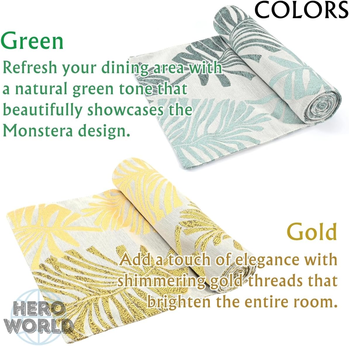 Monstera Leaf Table Runner – Elegant Fabric Table Centerpiece, Machine Washable, Gold or Green