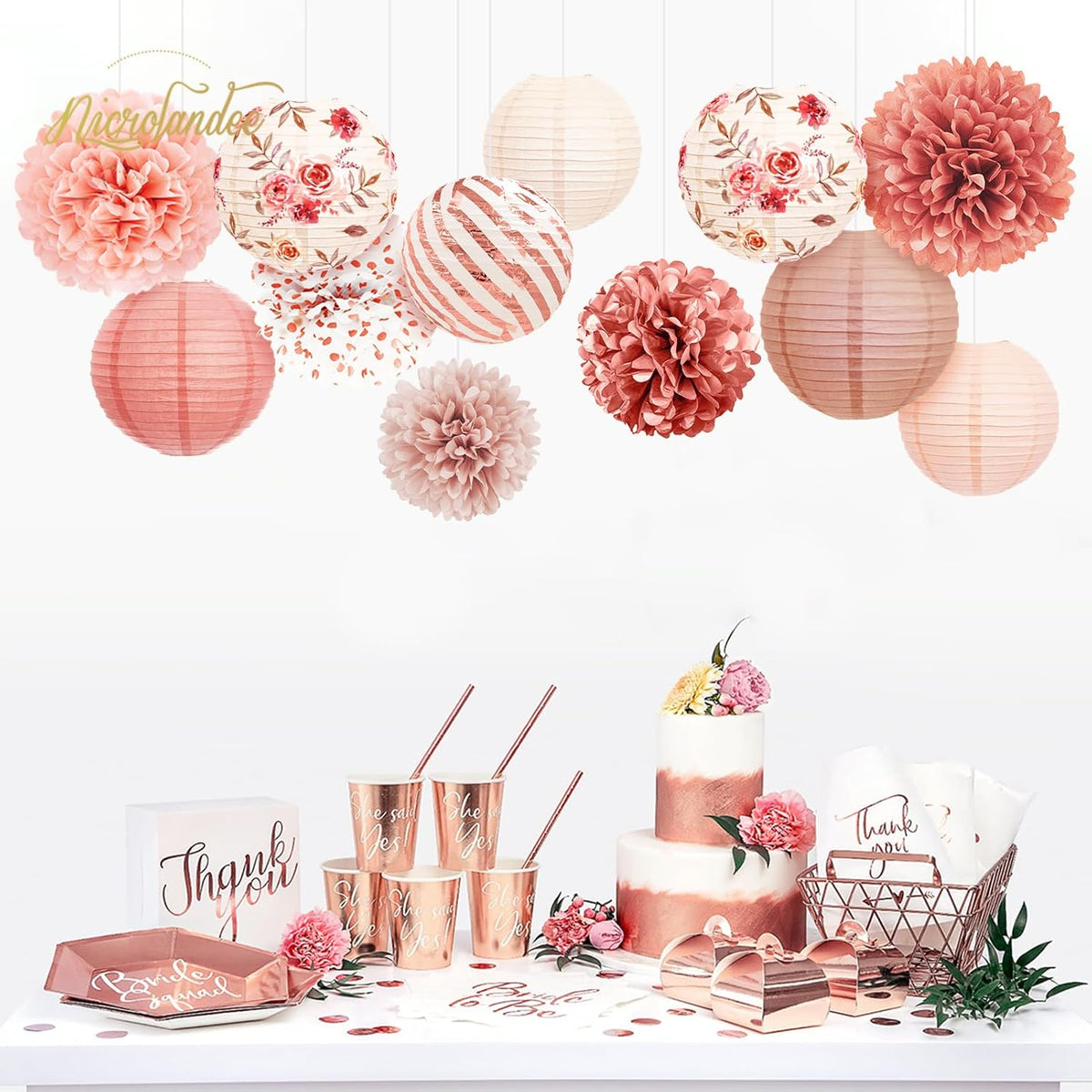 NICROLANDEE Wedding Party Decorations, 12 PCS Rose Pink Floral Paper Lanterns Tissue Pom Poms