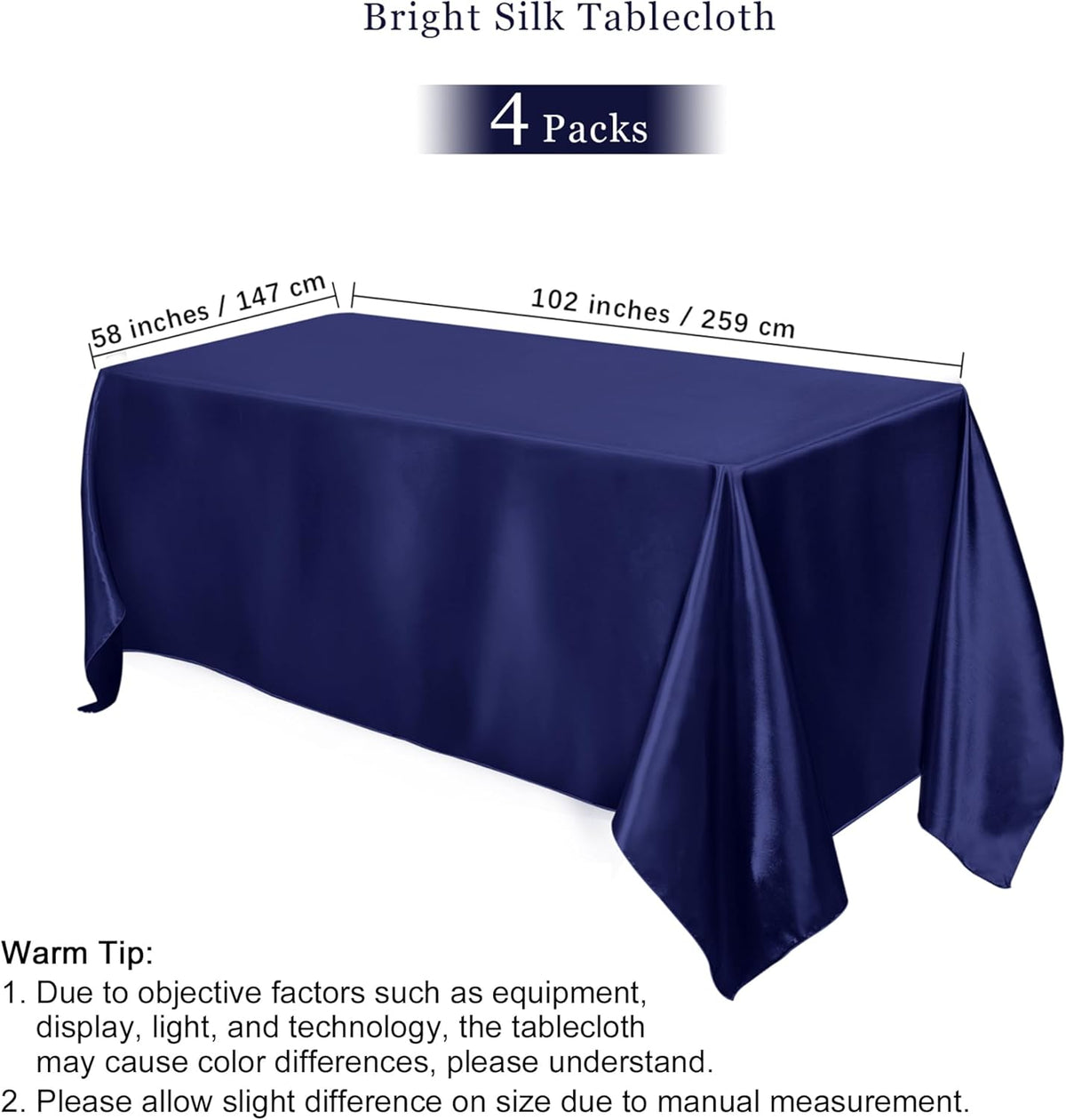 TURSTIN 4 Packs Satin Tablecloth 102 x 58 Inch Overlay Satin Table Cover Rectangle Bright Silk