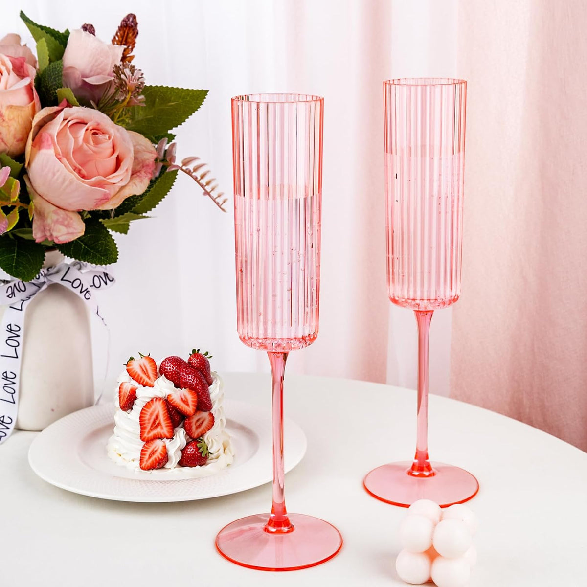 Ciaell 24 Pack Pink Plastic Champagne Flutes - 6oz Ribbed Disposable Champagne Glasses - Pink