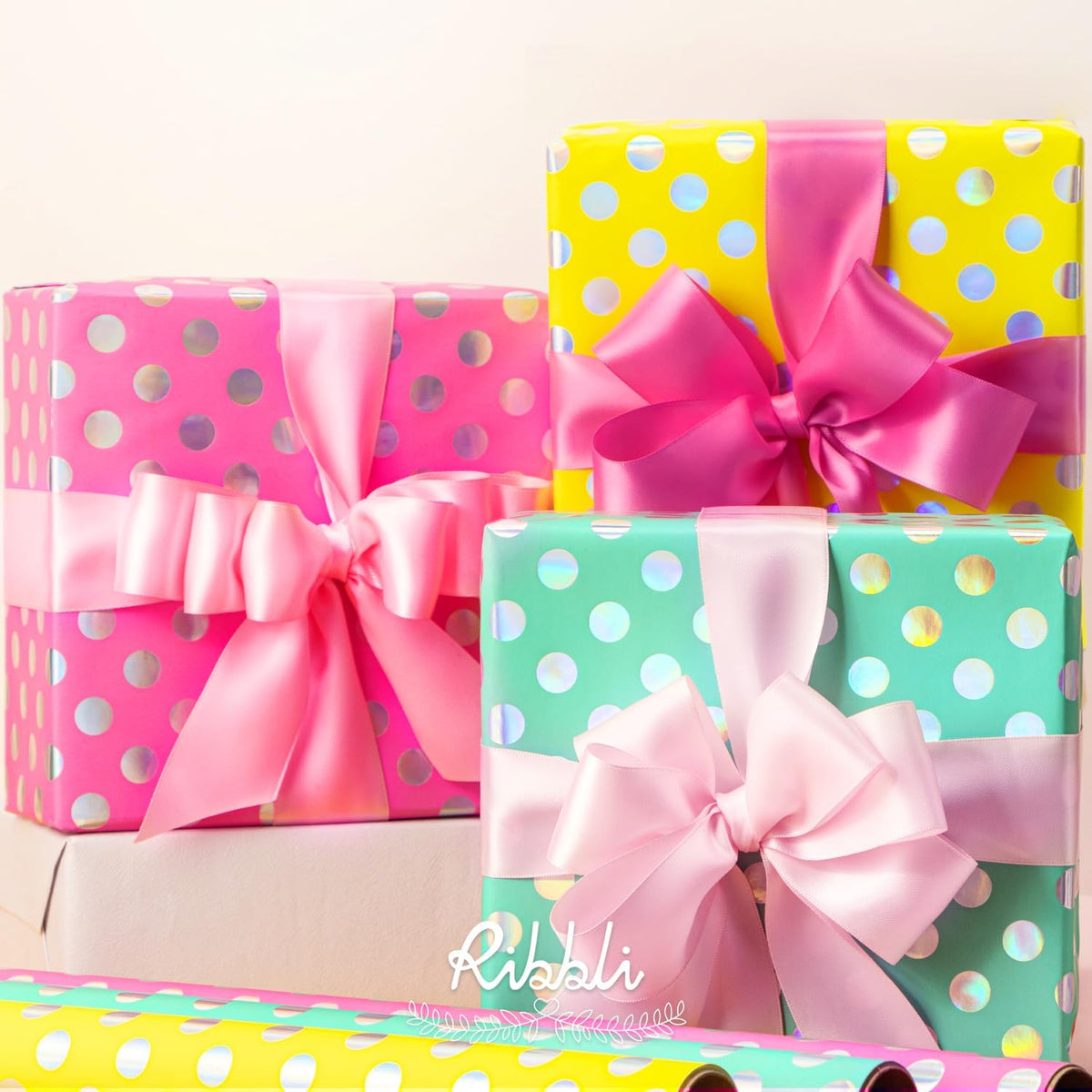 Ribbli Birthday Polka Dots Wrapping Paper Mini Roll, 3 Rolls Fluorescent Pink Aqua Yellow with