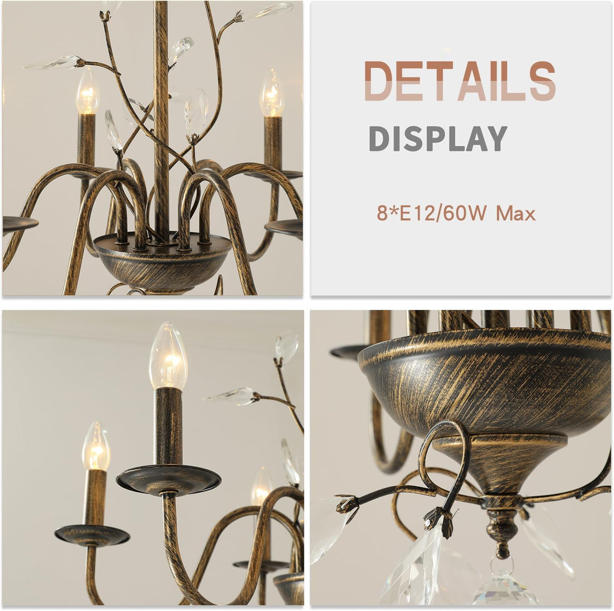 Farmhouse Crystal Chandelier,32 Inch Modern Flower Branch Oil-Rubbed Bronze Rustic Vintage Hanging
