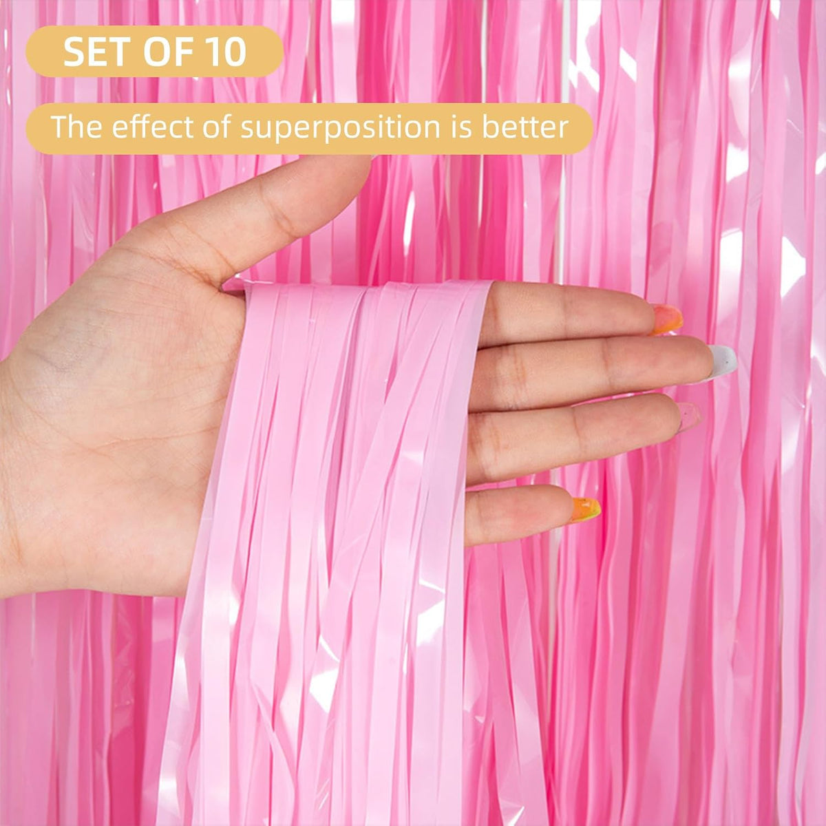 10 Pack Pink Foil Curtain Backdrop 3.2ft x 8.2ft Macaron Tinsel Foil Fringe Curtains Streamer Photo