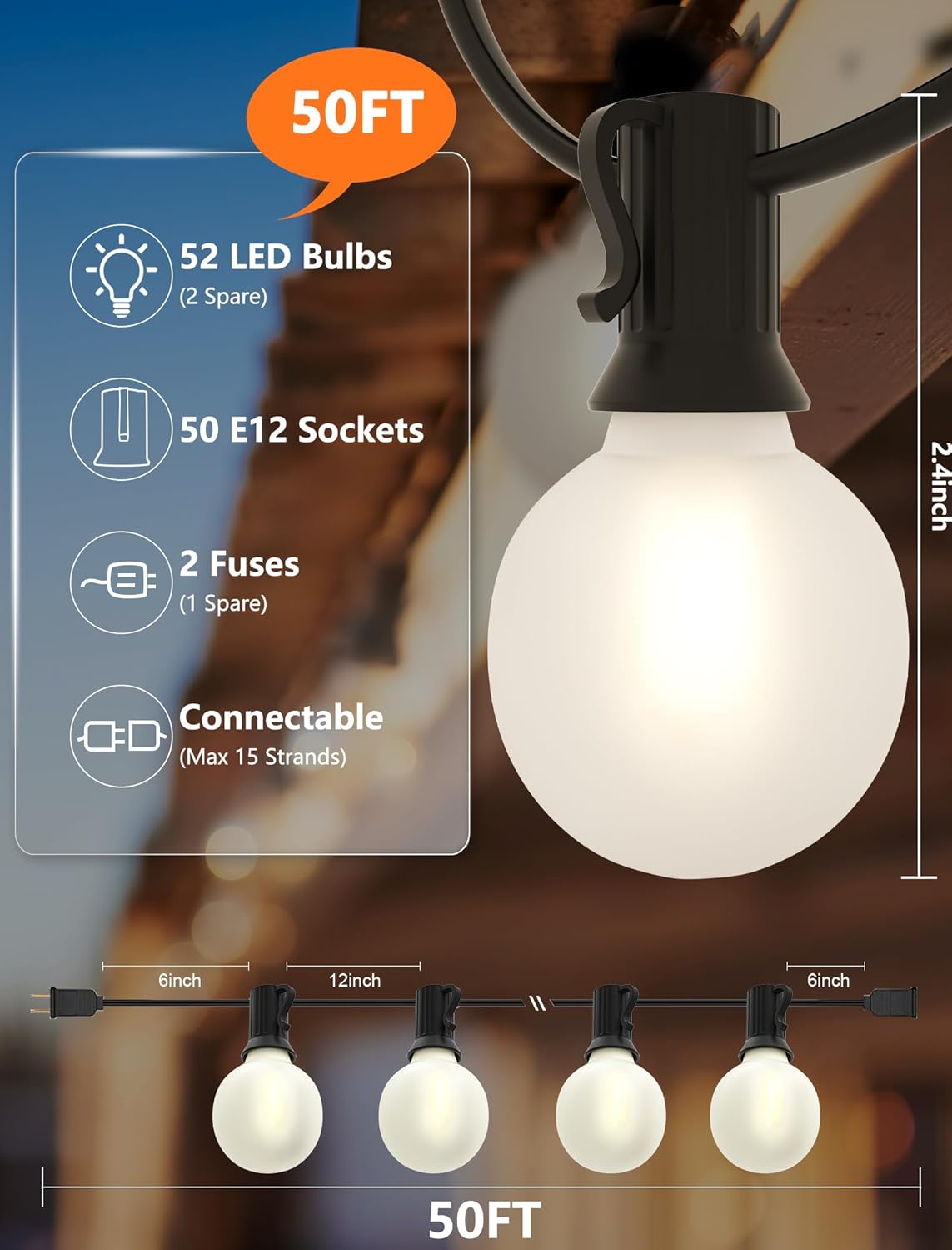 SUNSGNE G40 Outdoor String Lights Waterproof, 50FT Outdoor Hanging Lights with 52 Globe Frosted