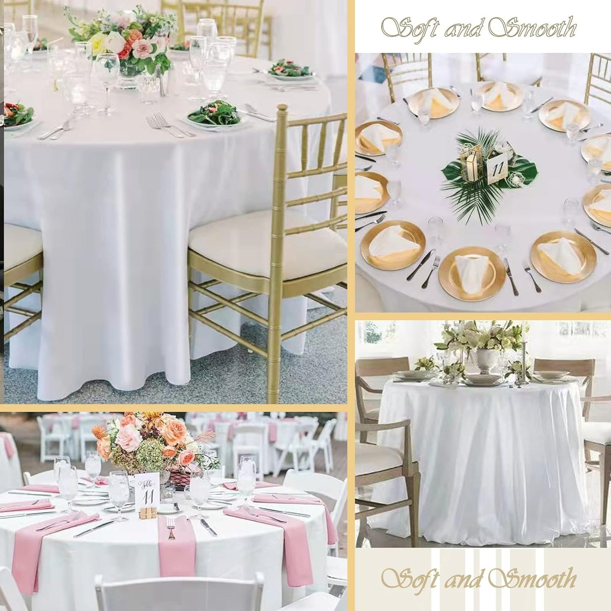 6 Pack 120 Inch White Round Tablecloth - Premium Silky Satin Tablecloth Overlay Smooth Fabric Table