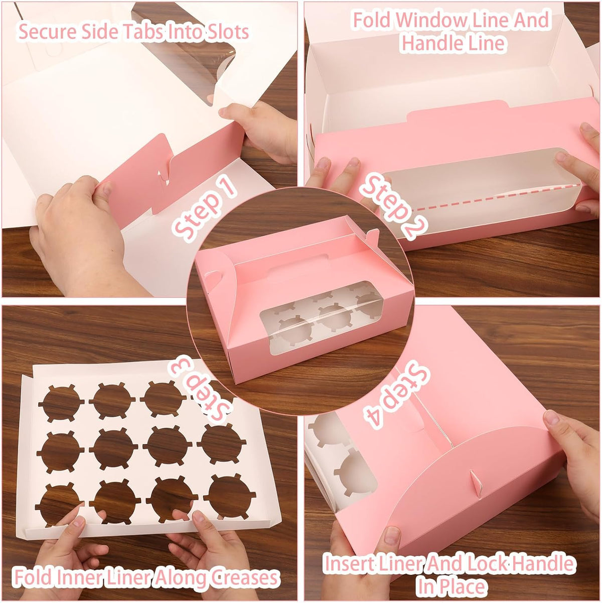 30 Pcs Cupcake Boxes, 12 Count Muffin Boxes with Handle, Window, and Inserts, Pink Cupcake Holders