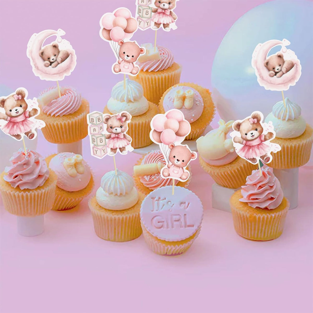 Gyufise 32Pcs Baby Shower Bear Cupcake Toppers Moon Baby Bear Baby Shower Cake Topper Decorations