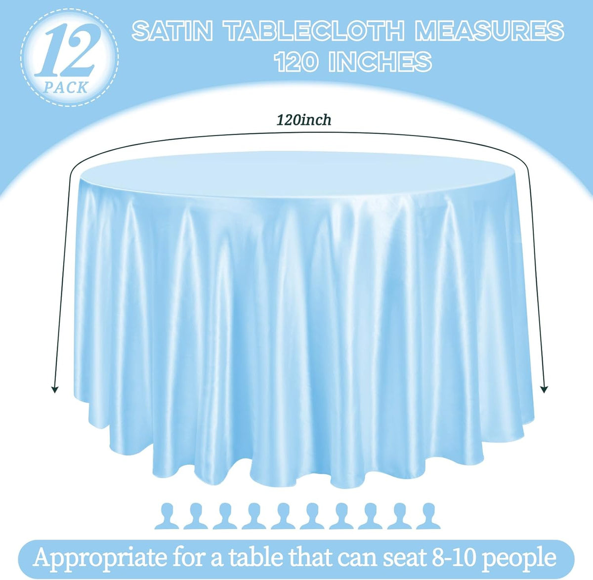 fani 12 Pack 120 Inch Light Blue Satin Tablecloth - Silky Round Tablecloth Overlay Smooth Fabric