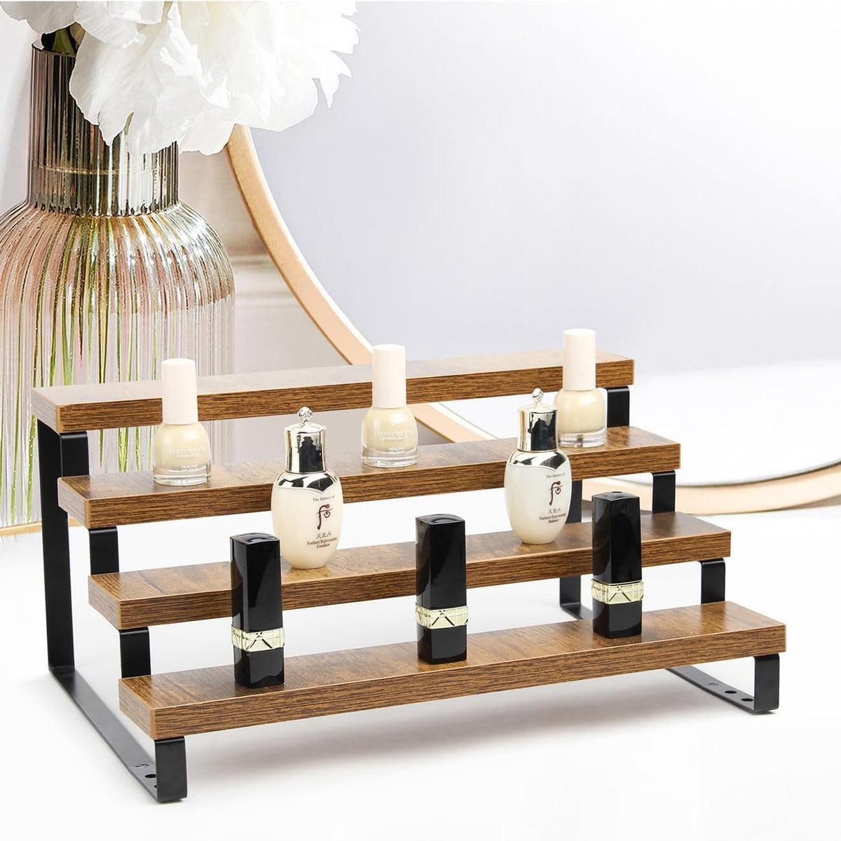 4-Tier Wooden Display Riser Shelf Stand for, Makeup, Cupcake, Condiment & Dolls Collection Home