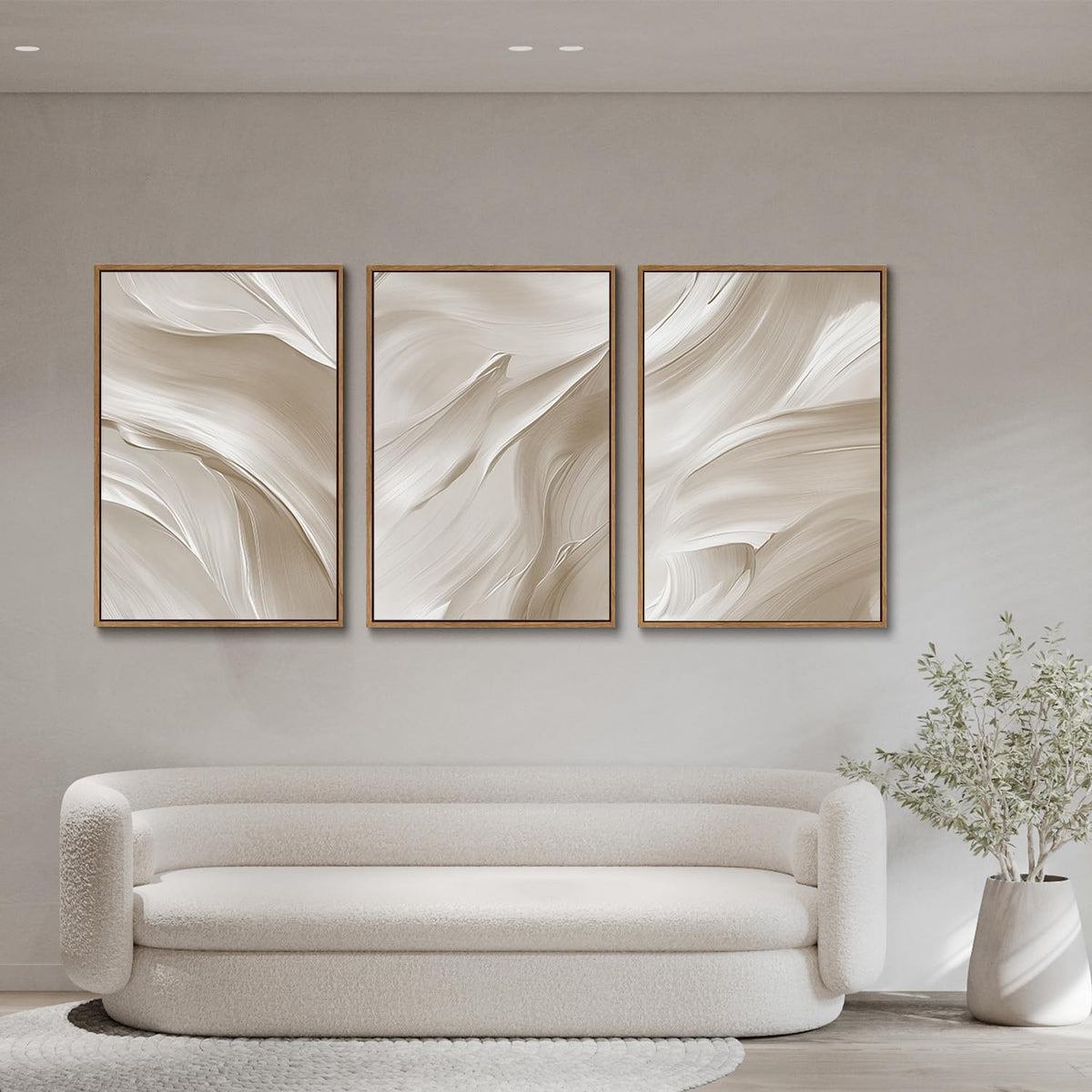 myusuar 3 Piece Large Abstract Framed Wall Art For Living Room, Smoke Texture Ink Beige White