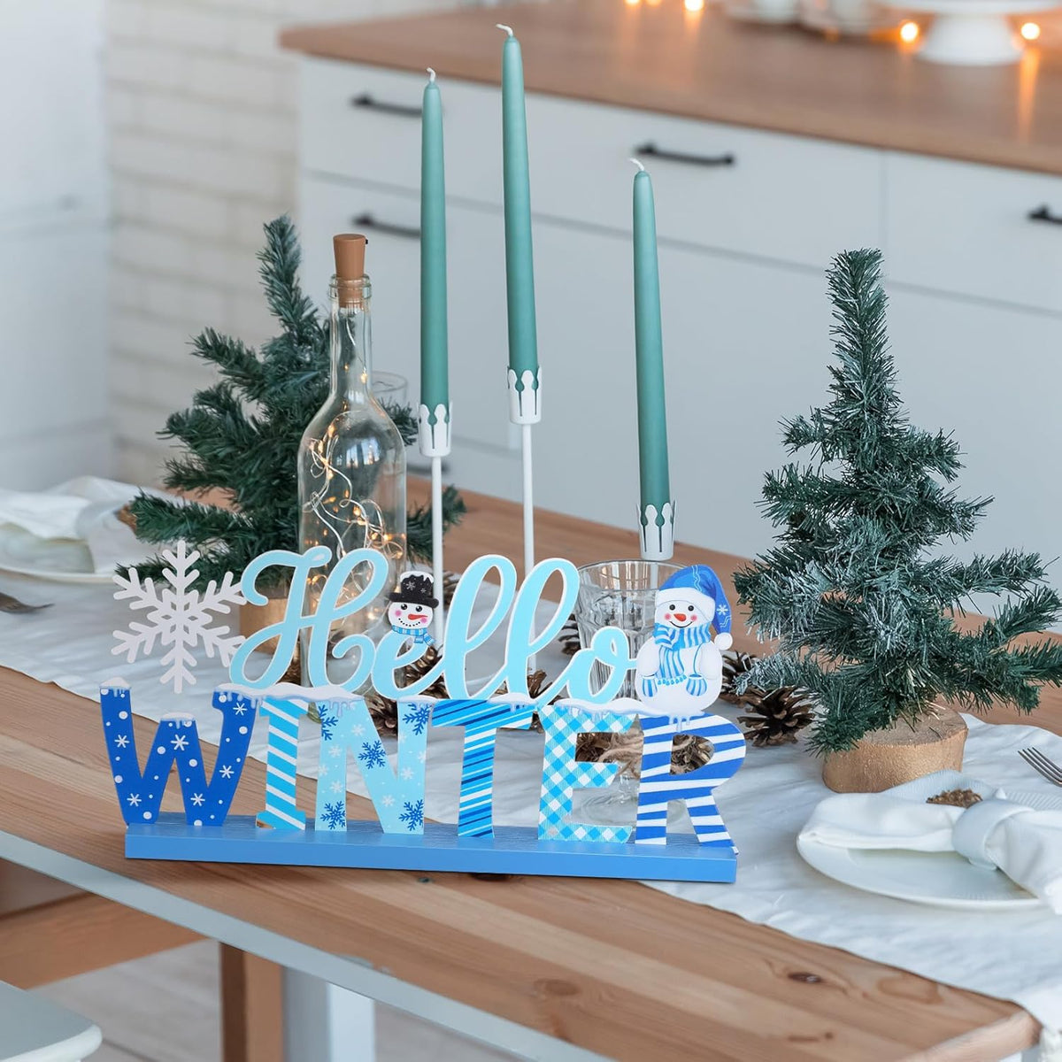 Winter Metal Sign Hello Winter Table Decor Christmas Tiered Tray Decor with Wooden Base Metal Blue