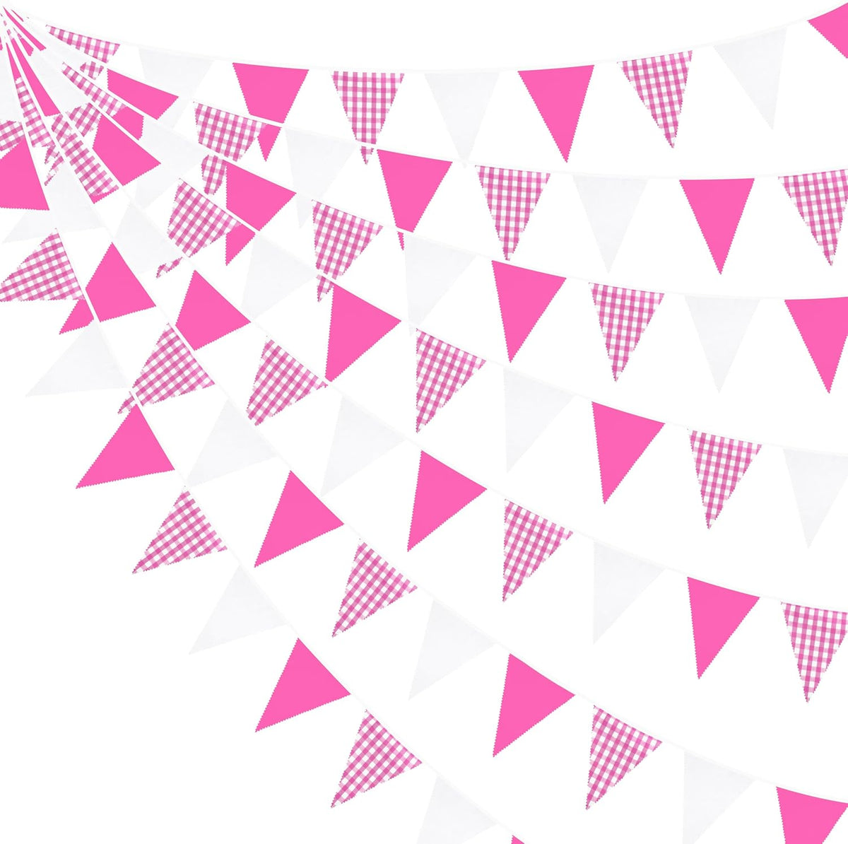 32Ft Hot Pink Party Decorations Pink Buffalo Plaid Checkered White Triangle Flag Gingham Pennant