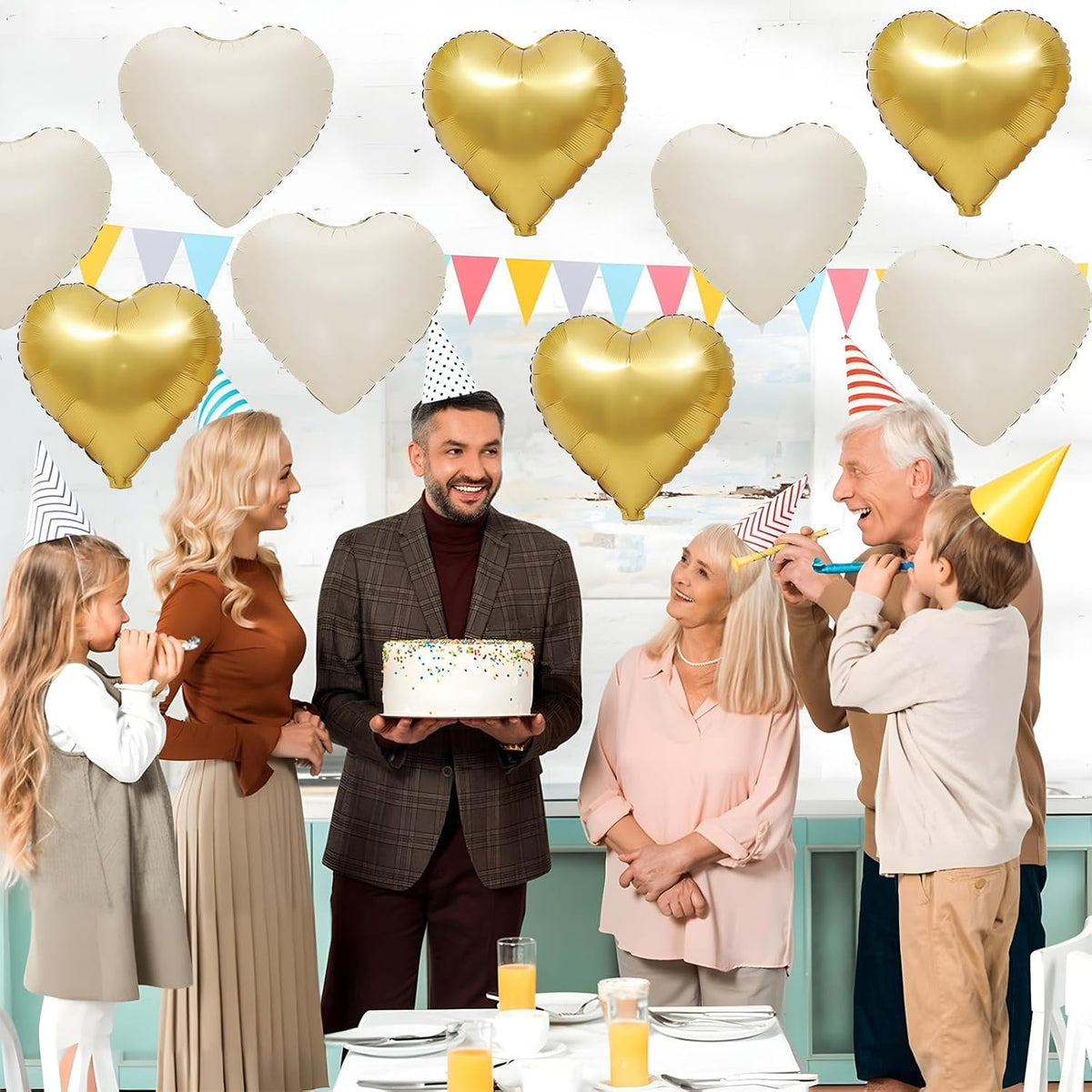 Sand White Gold Heart Balloons,12Pcs 18Inch Cream White Metallic Gold Heart Shaped Foil Helium Foil