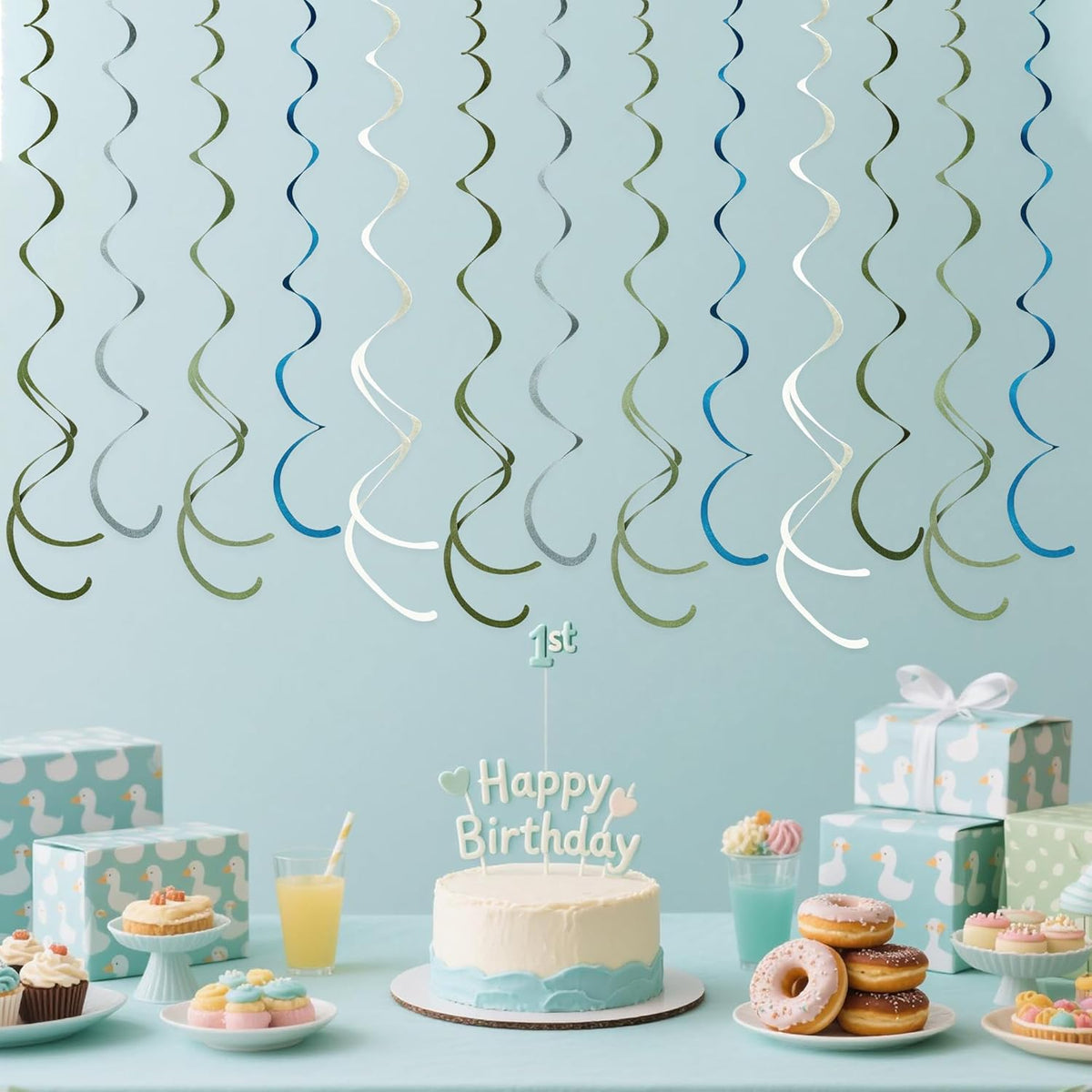 36 Pcs Sage Green Dusty Blue Hanging Swirl Decorations Blue Sage Green Felt Swirl Streamer Spiral