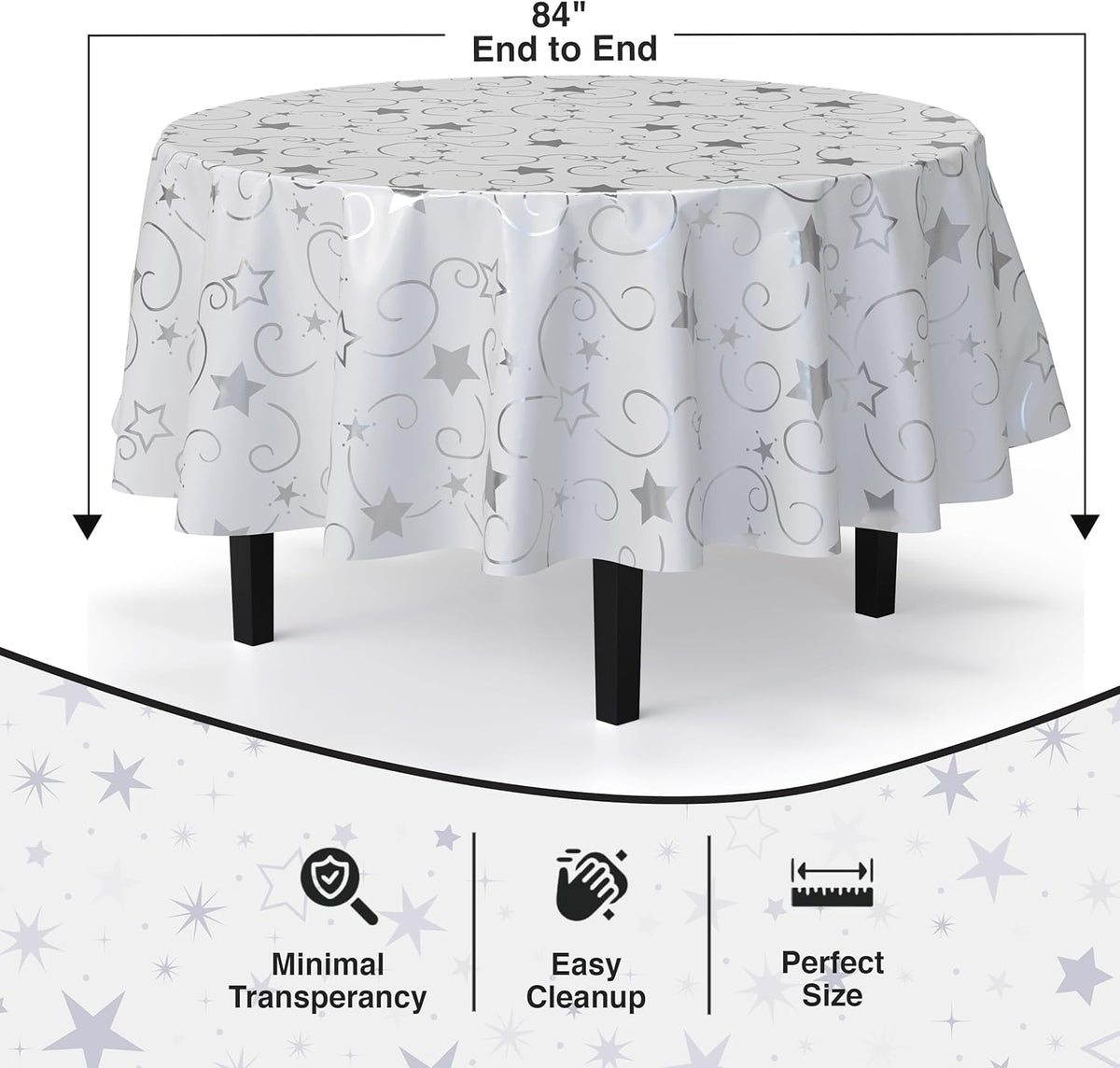 Exquisite Silver Star Tablecloth Plastic 12-Pack Disposable Round Tablecloths 84" Silver Star Table