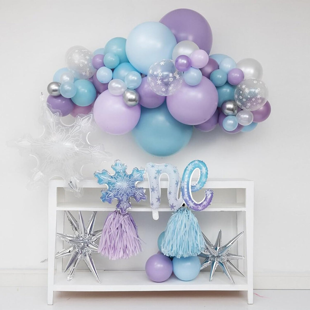 60Pcs Snowflake Balloons, Dusty Light Blue Purple Metallic Dark Blue Snowflake Clear Silver