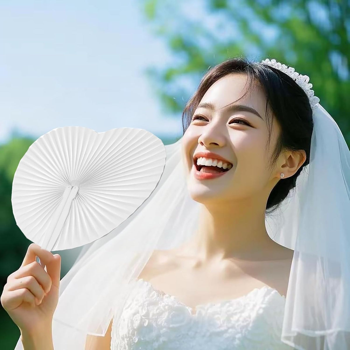 12 Pcs Decorative Paper Folding Hand Fans Handheld,White Heart Foldable Wedding Fans Chinese and