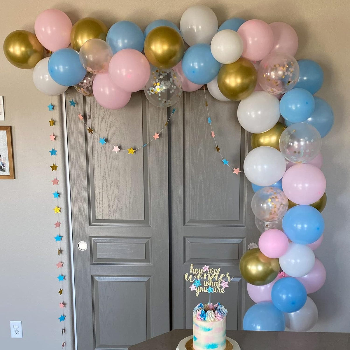 Balloons Pink and Blue, 60 Pack 12 Inch Pastel Light Pink Blue with Metallic Gold Confetti Balloons