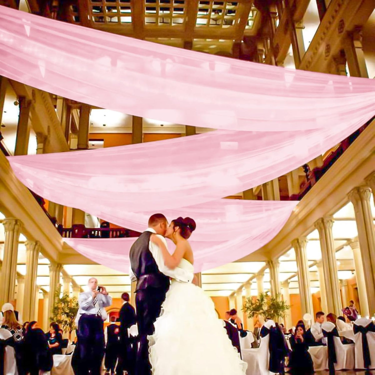 6 Panels Pink Ceiling Drapes for Wedding, 5ftx15ft Ceiling Drapes Cheesecloth Sheer Fabric Curtain