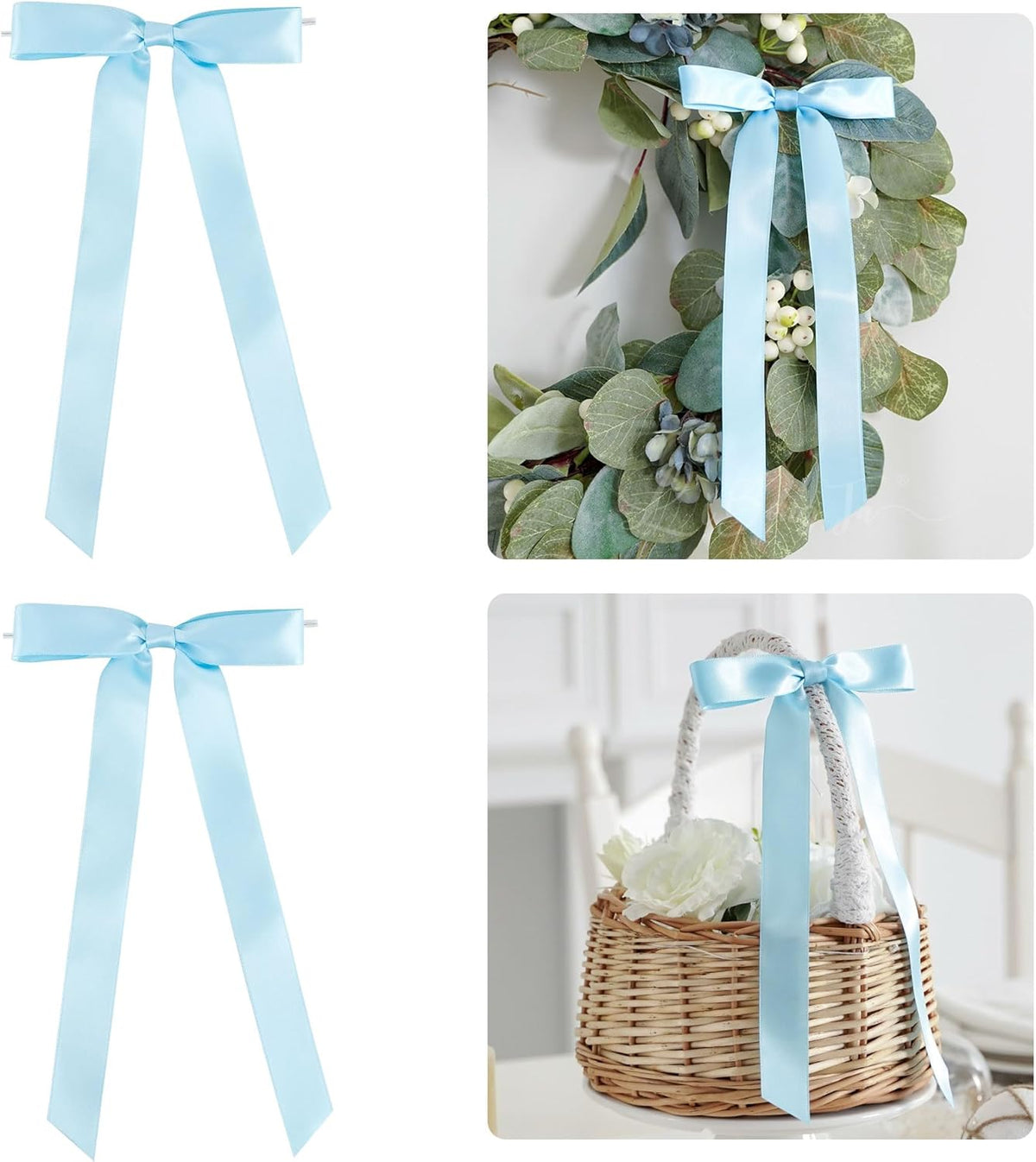 50 PCs Blue Bow Decor 5.5'' Satin Bows with Long Tail, Twist Tie Bows for Craft, Packaging Ribbon